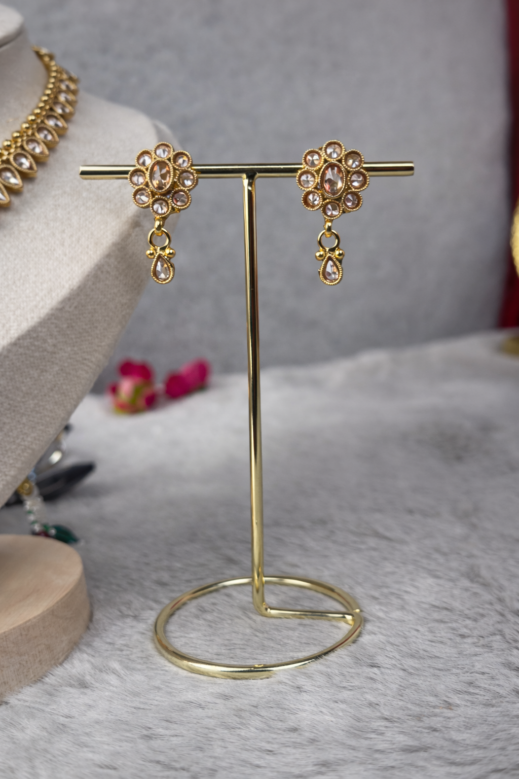 1gm Gold Plated Polki Drop Necklace Set