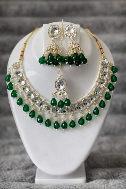 Emerald Green Drop Kundan Necklace Set