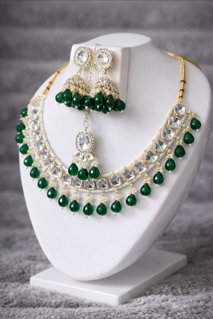 Emerald Green Drop Kundan Necklace Set