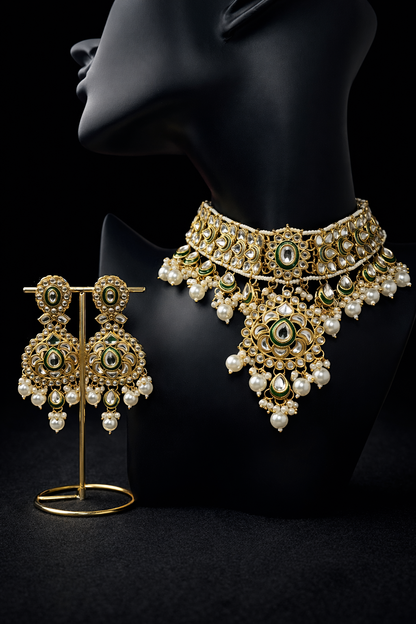 Heritage Emerald Kundan Bridal Necklace Set – Premium Multi-Strand Pearls