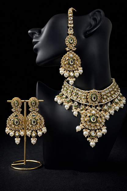 Heritage Emerald Kundan Bridal Necklace Set – Premium Multi-Strand Pearls