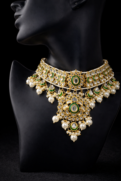Heritage Emerald Kundan Bridal Necklace Set – Premium Multi-Strand Pearls
