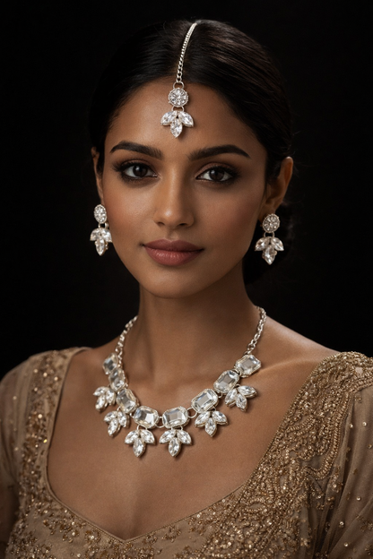 Silver Mirror Kundan Jewellery Set (Necklace + Earrings + Maangtikka)