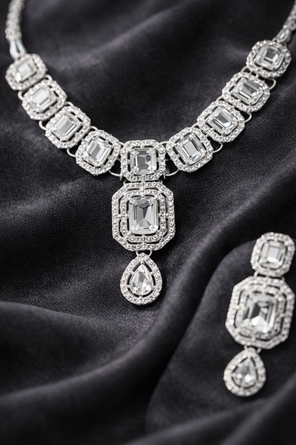 Silver Mirror Kundan Bridal Set (Necklace + Earrings + Maangtikka)