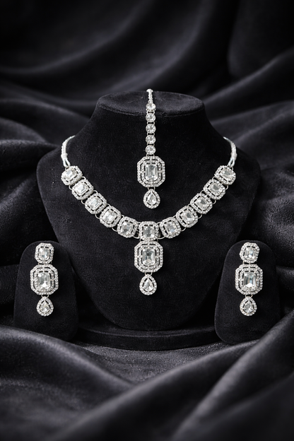 Silver Mirror Kundan Bridal Set (Necklace + Earrings + Maangtikka)