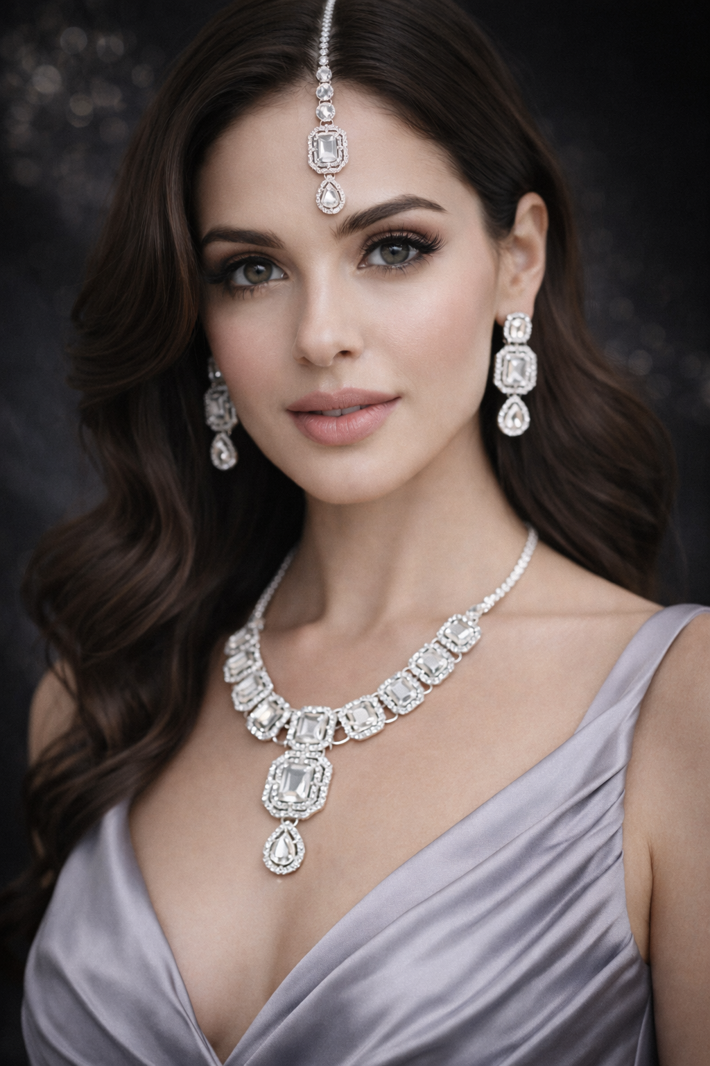 Silver Mirror Kundan Bridal Set (Necklace + Earrings + Maangtikka)