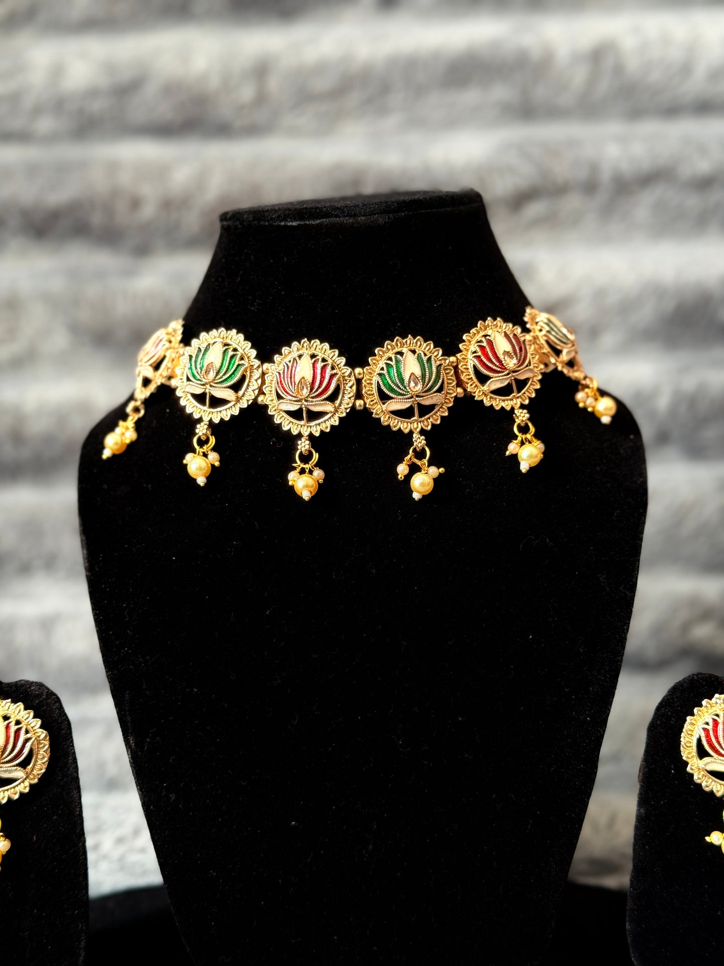 Royal Lotus Meenakari Choker Set – Premium Bridal & Festive Jewellery (With Earrings)