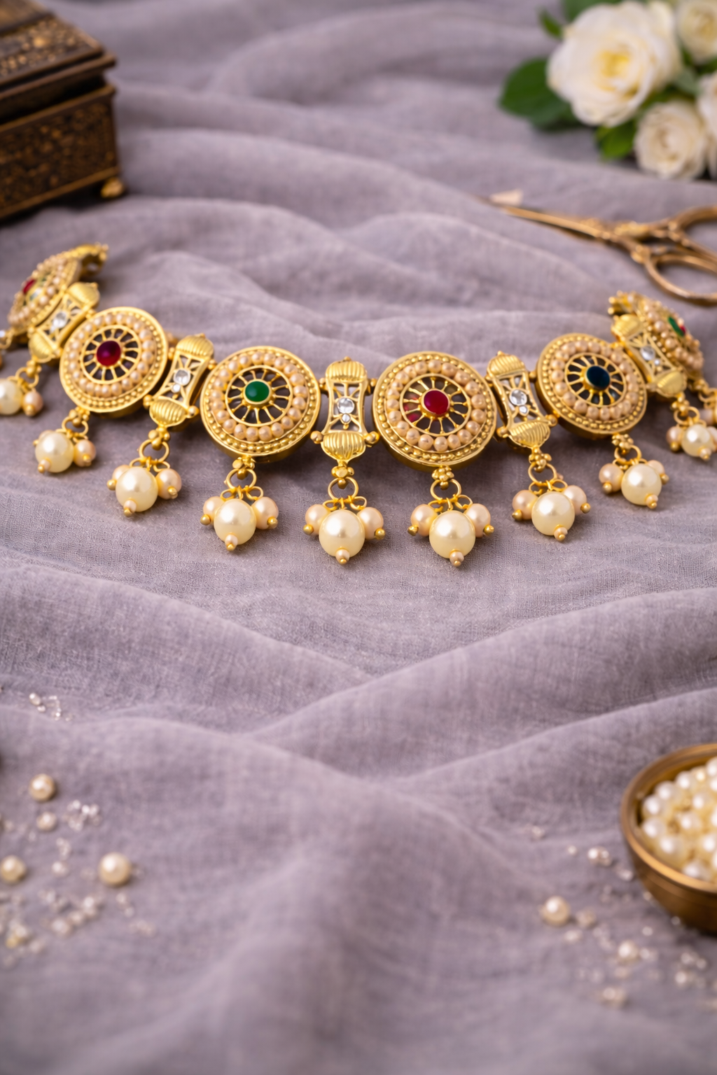 Antique Golden Look Pearl Choker Necklace Set