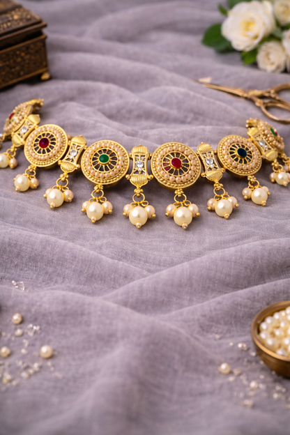 Antique Golden Look Pearl Choker Necklace Set